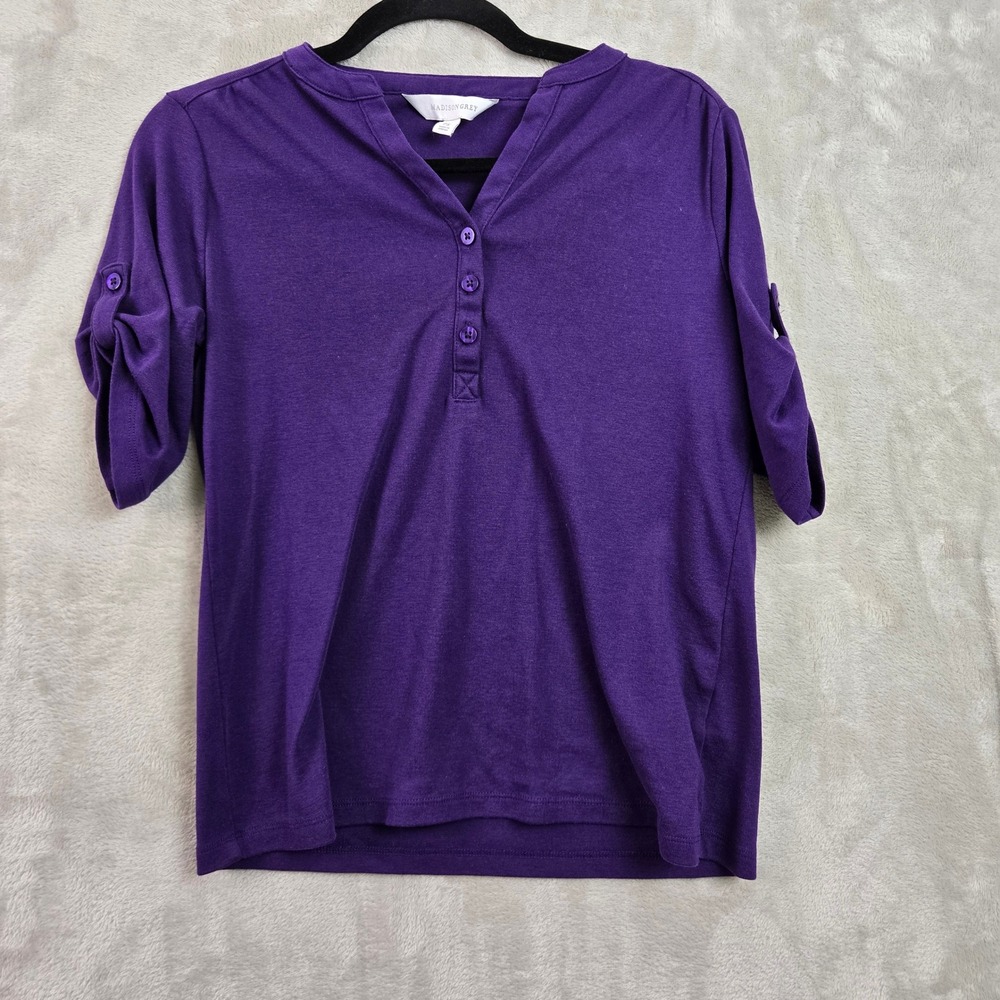 Madison Grey Purple Henley Roll Tab Sleeve Knit Top Petite Small PS